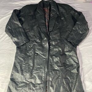 Vintage Women's Black Leather Trench Coat Paisley Lining Pockets Size Large
